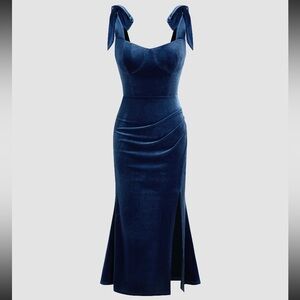 Cider Navy Blue Velvet Midi Dress with Tie Shoulders